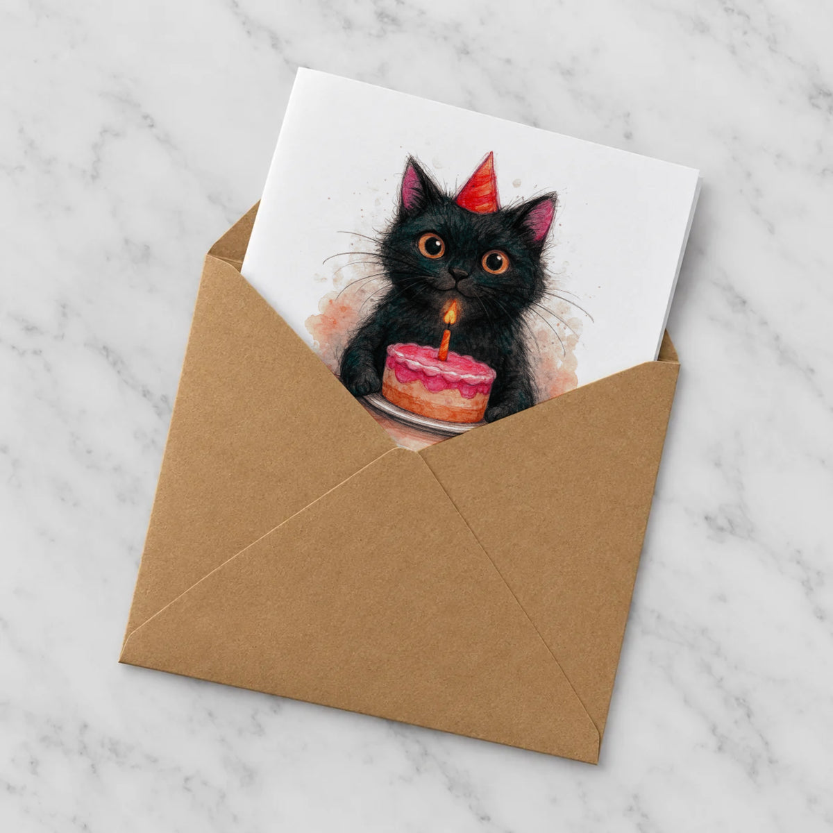 Black Cat Greeting Card – Half in Envelope