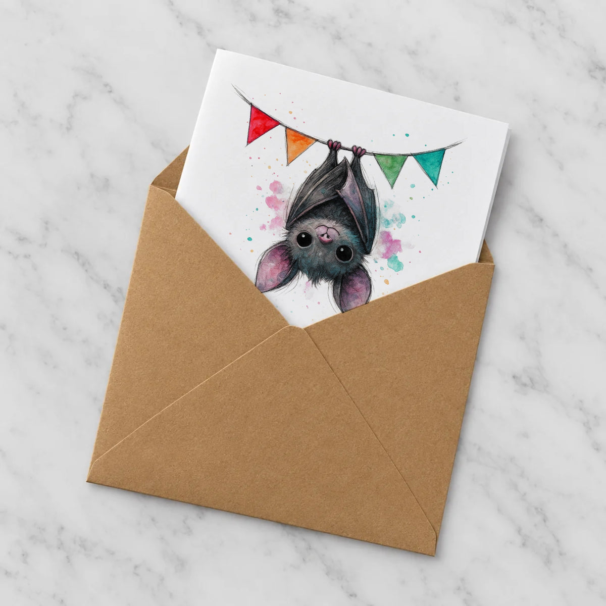 Bat Bunting Greeting Card – Half in Envelope