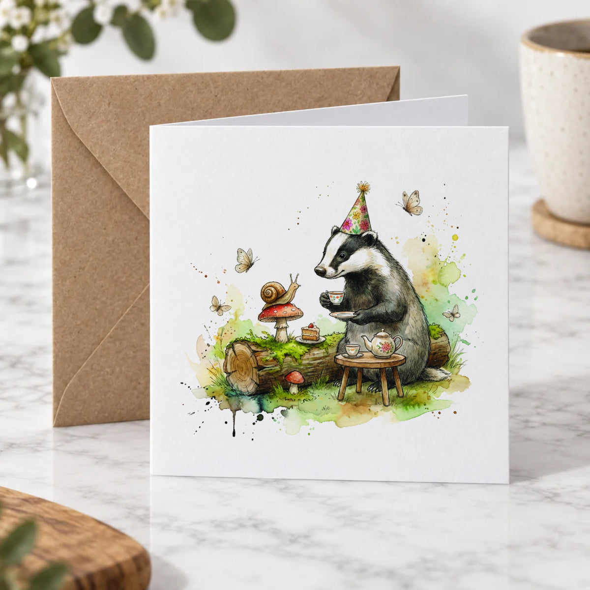 Badger Tea Party Greeting Card – Hero