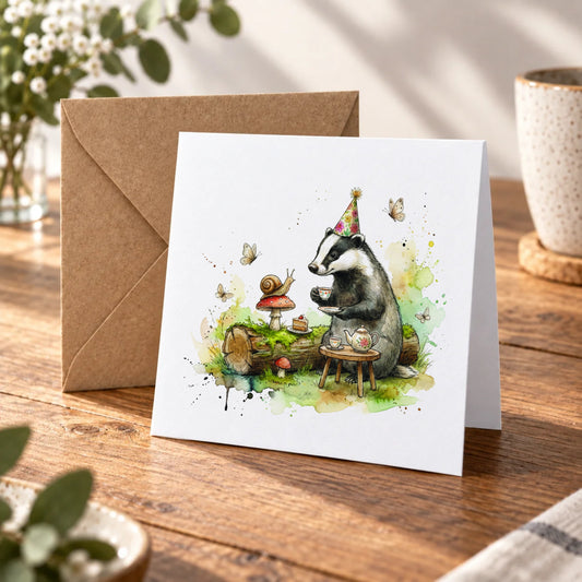 Badger Tea Party Greeting Card – Warm Wood