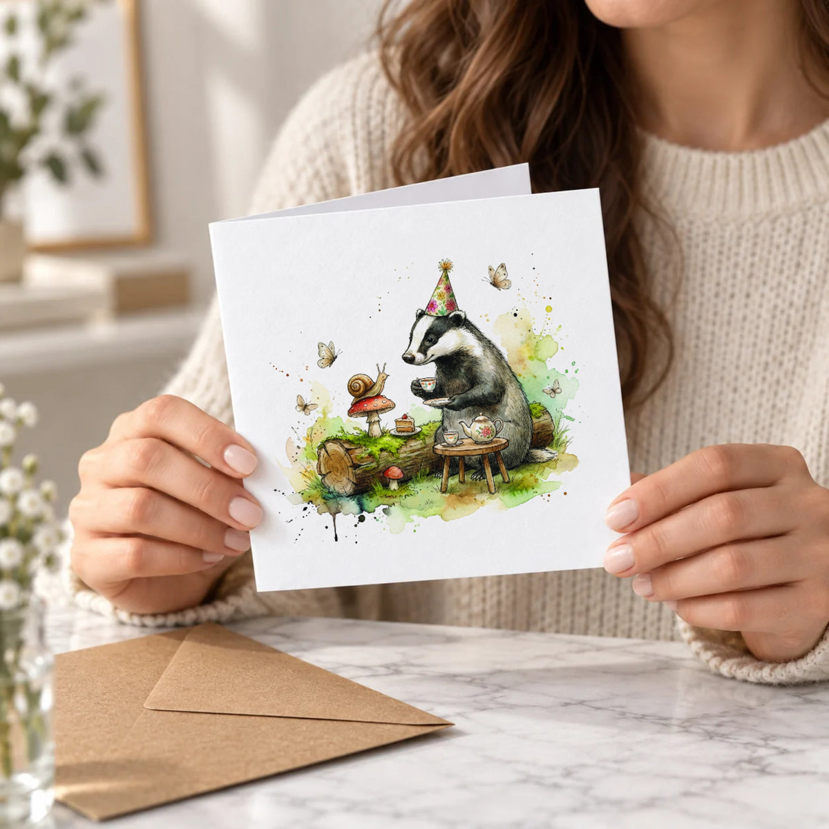 Badger Tea Party Greeting Card – Held Card