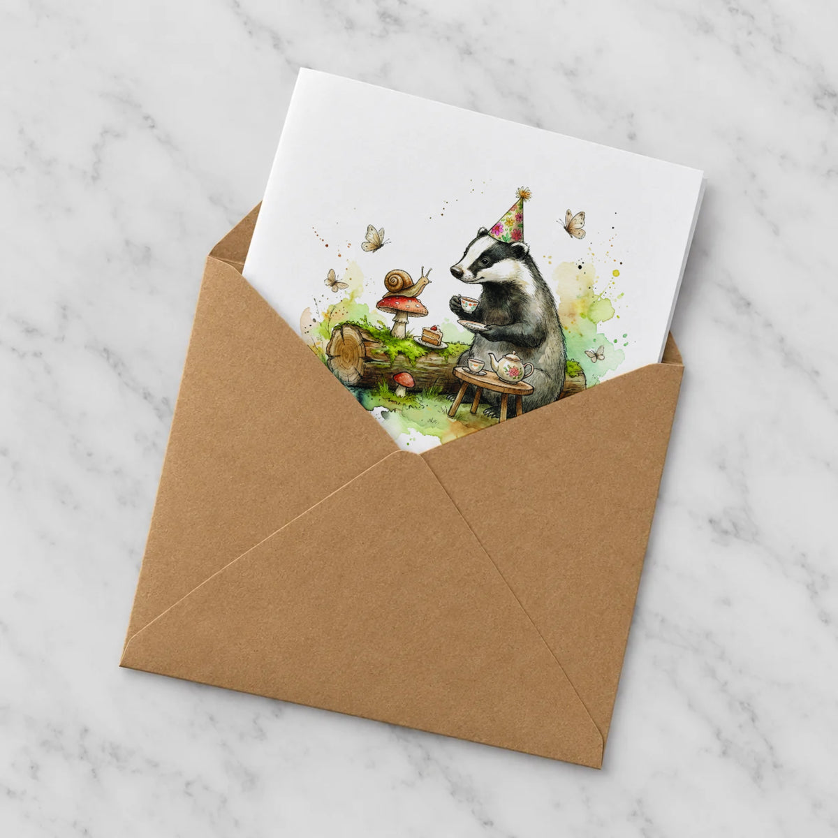 Badger Tea Party Greeting Card – Half in Envelope