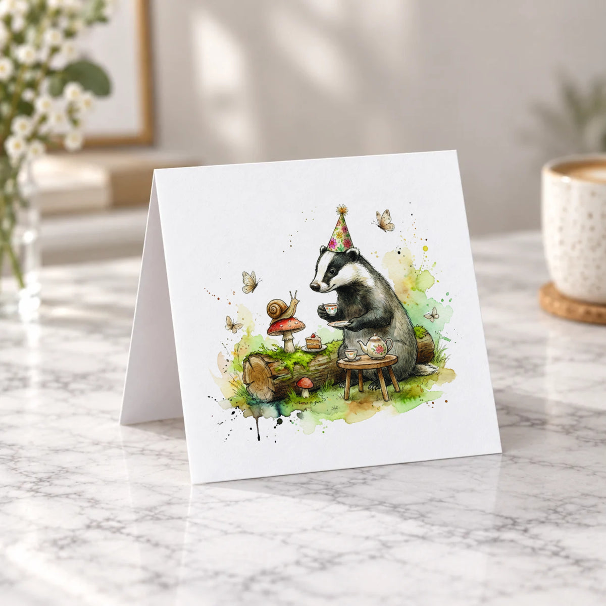Badger Tea Party Greeting Card – Tent Fold