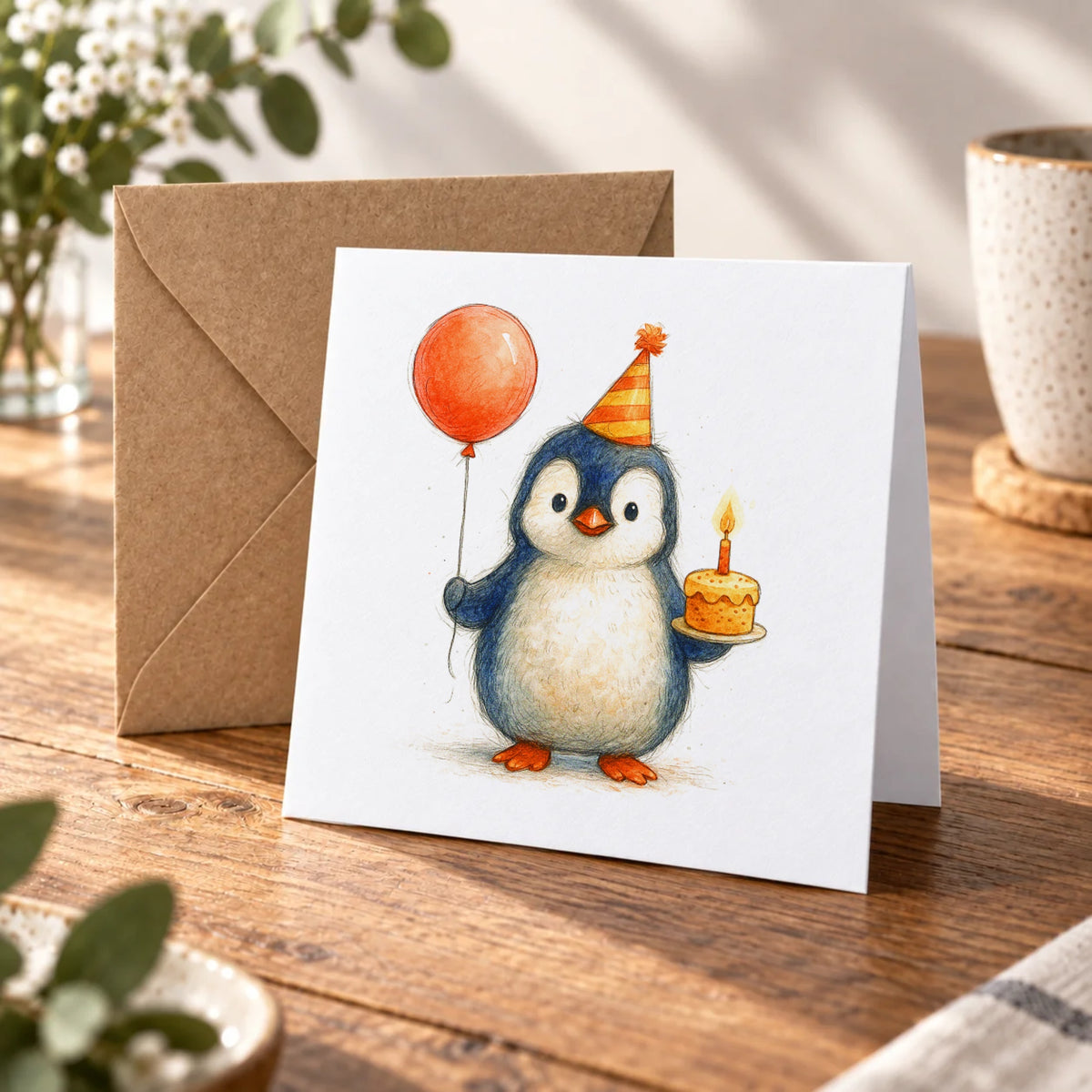 Penguin Greeting Card – Warm Wood