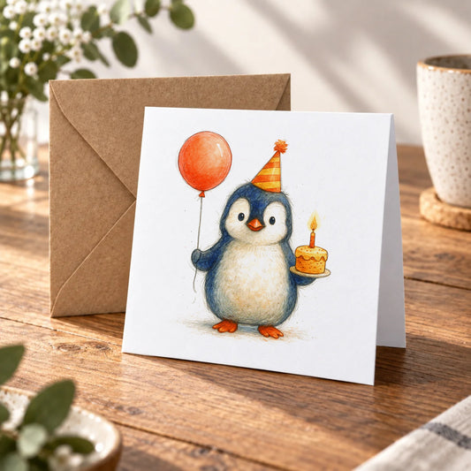 Penguin Greeting Card – Warm Wood