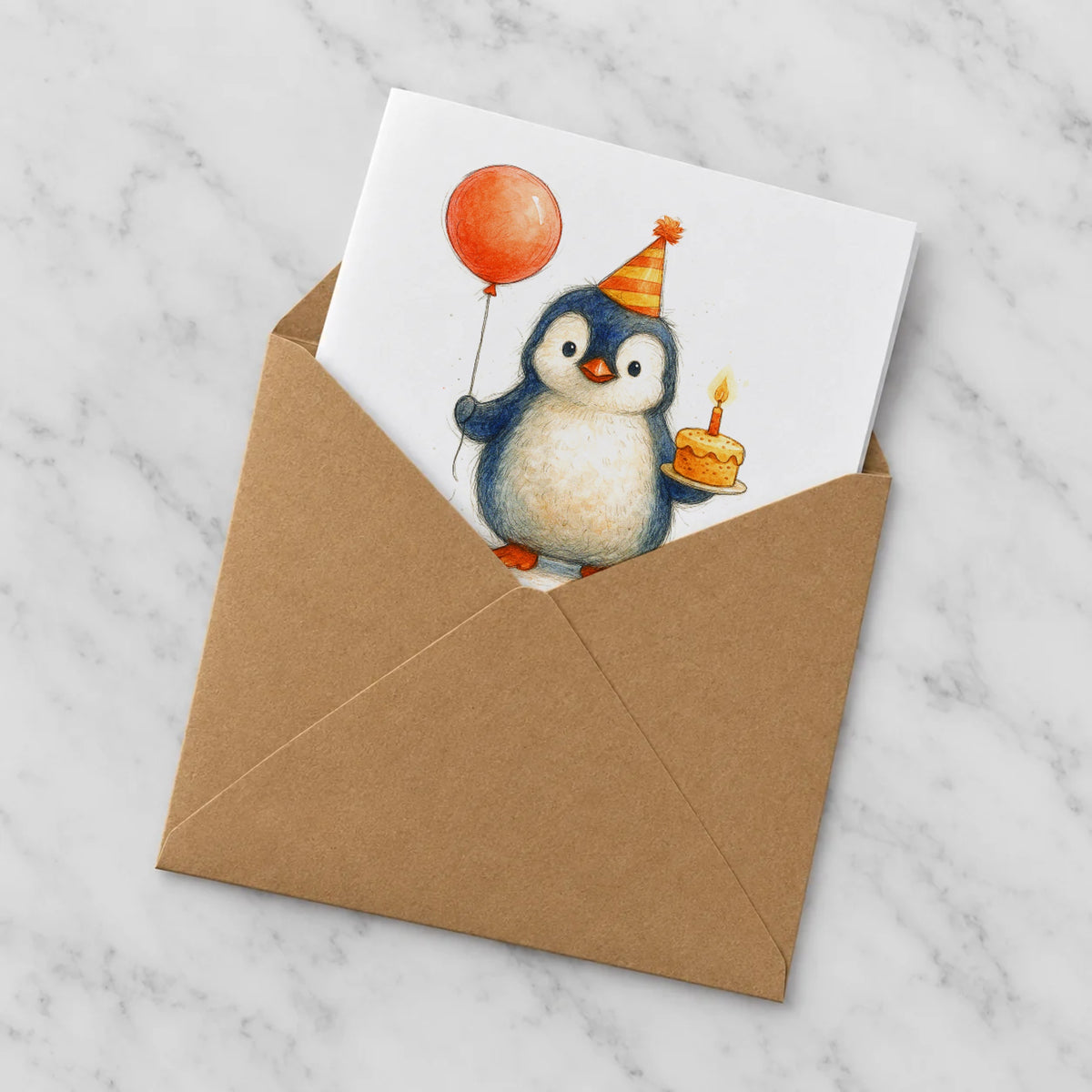 Penguin Greeting Card – Half in Envelope