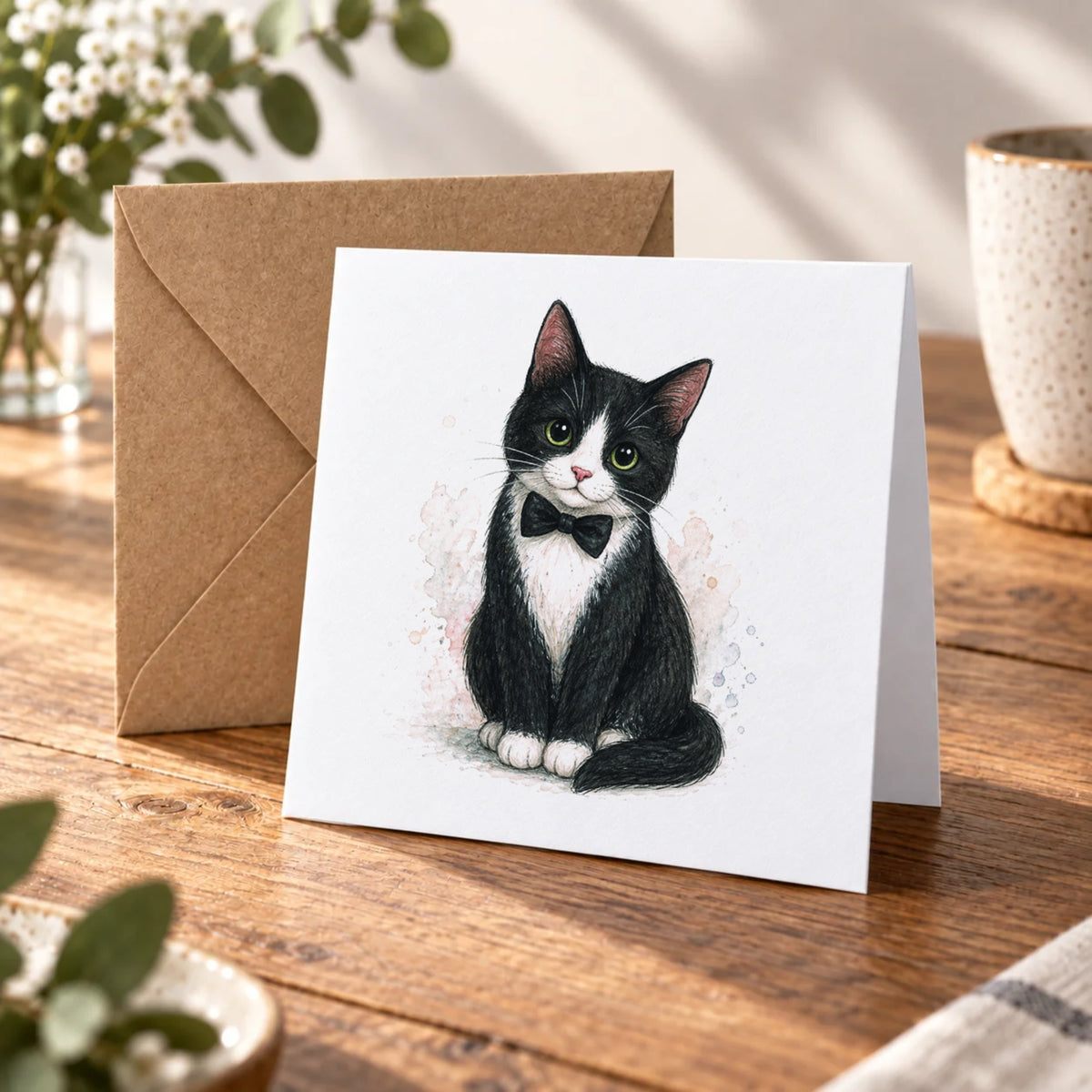 Tuxedo Cat Greeting Card – Warm Wood