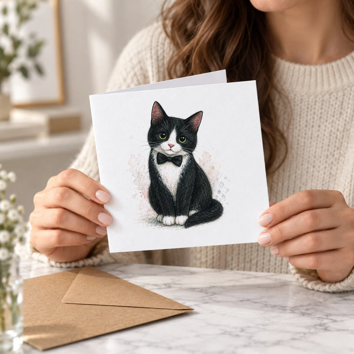 Tuxedo Cat Greeting Card – Held Card