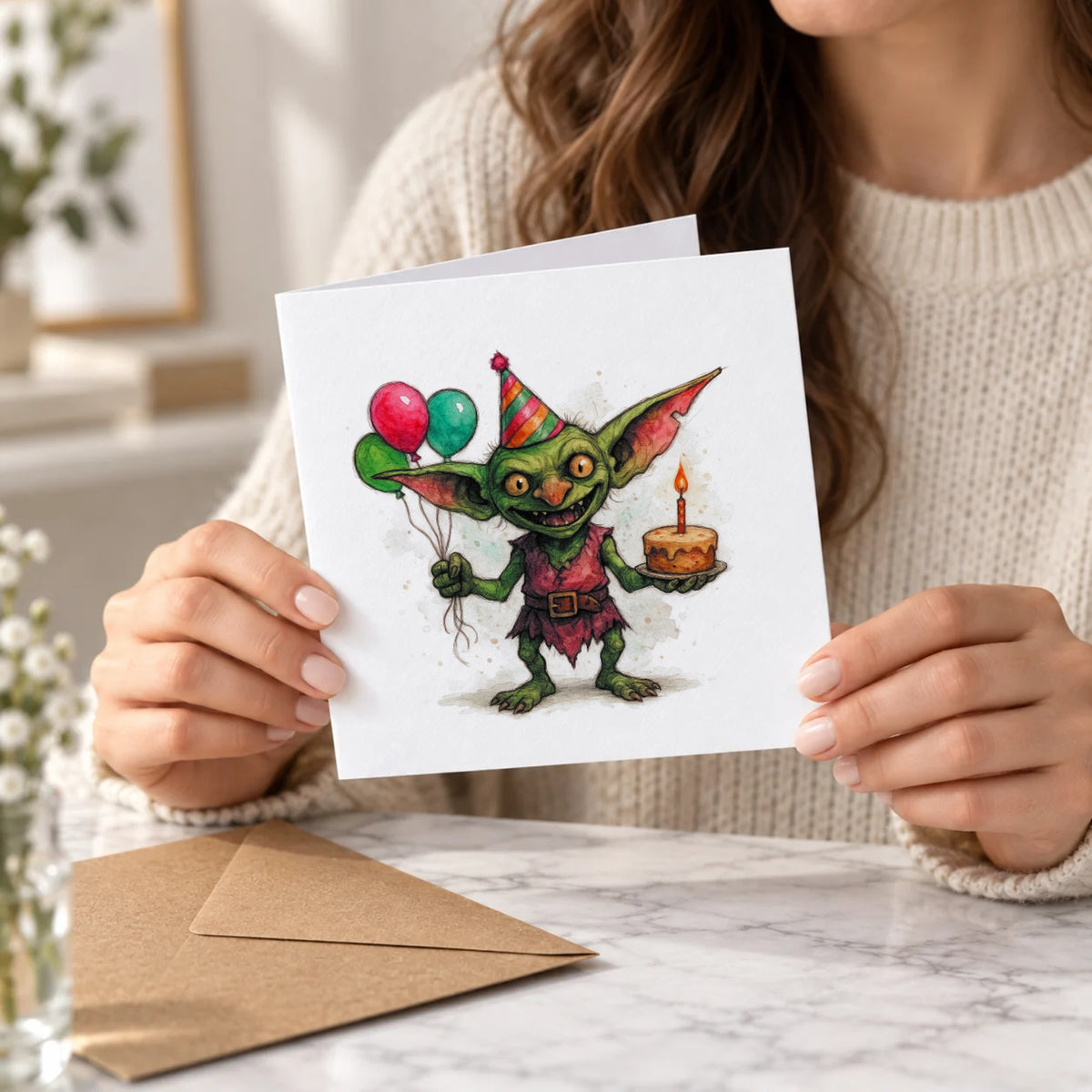 Mischievous Goblin Greeting Card – Held Card