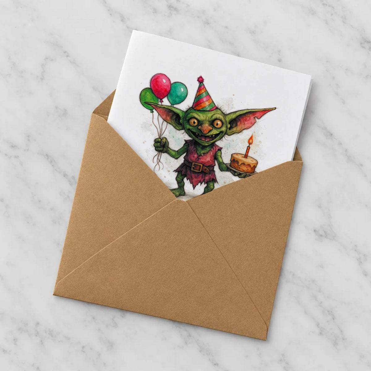 Mischievous Goblin Greeting Card – Half in Envelope