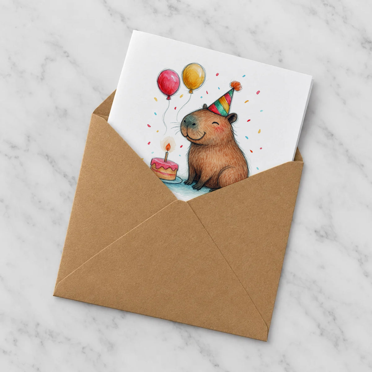 Capybara Greeting Card – Half in Envelope