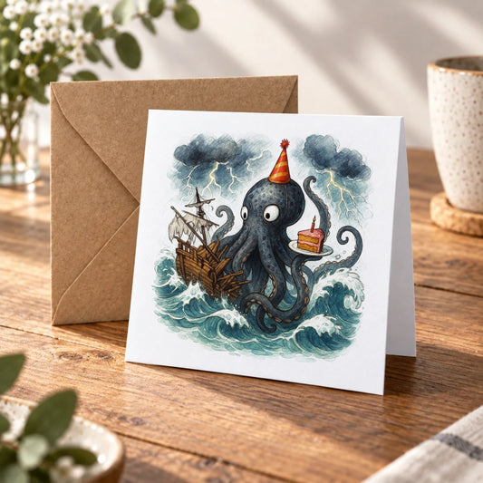 Kraken Ship Greeting Card – Warm Wood
