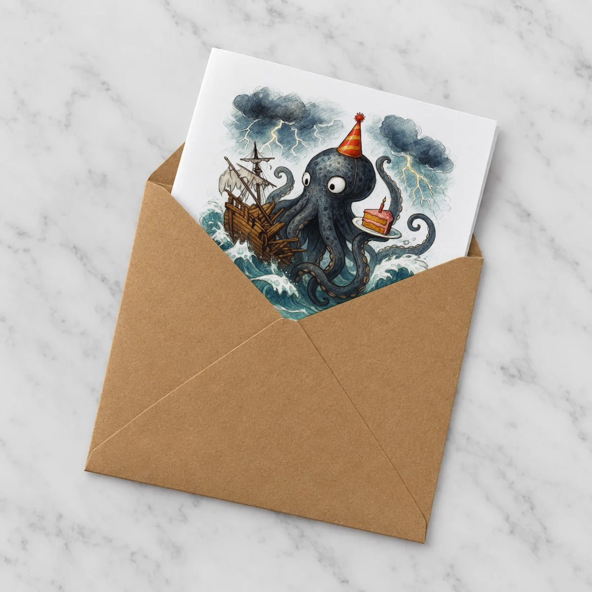 Kraken Ship Greeting Card – Half in Envelope