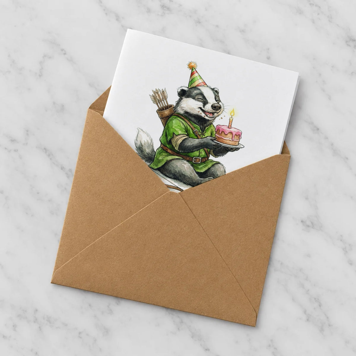 Archer Badger Greeting Card – Half in Envelope
