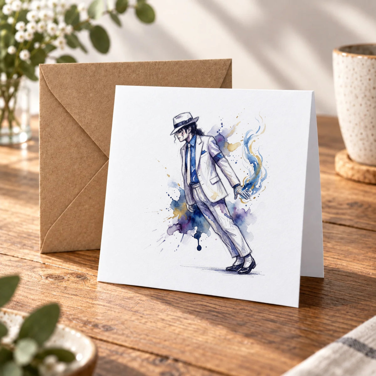 80s Pop Dancer Watercolour Greeting Card – Warm Wood