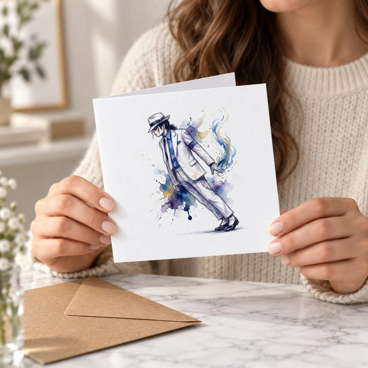 80s Pop Dancer Watercolour Greeting Card – Held Card