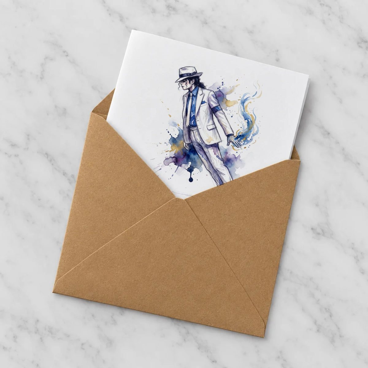 80s Pop Dancer Watercolour Greeting Card – Half in Envelope