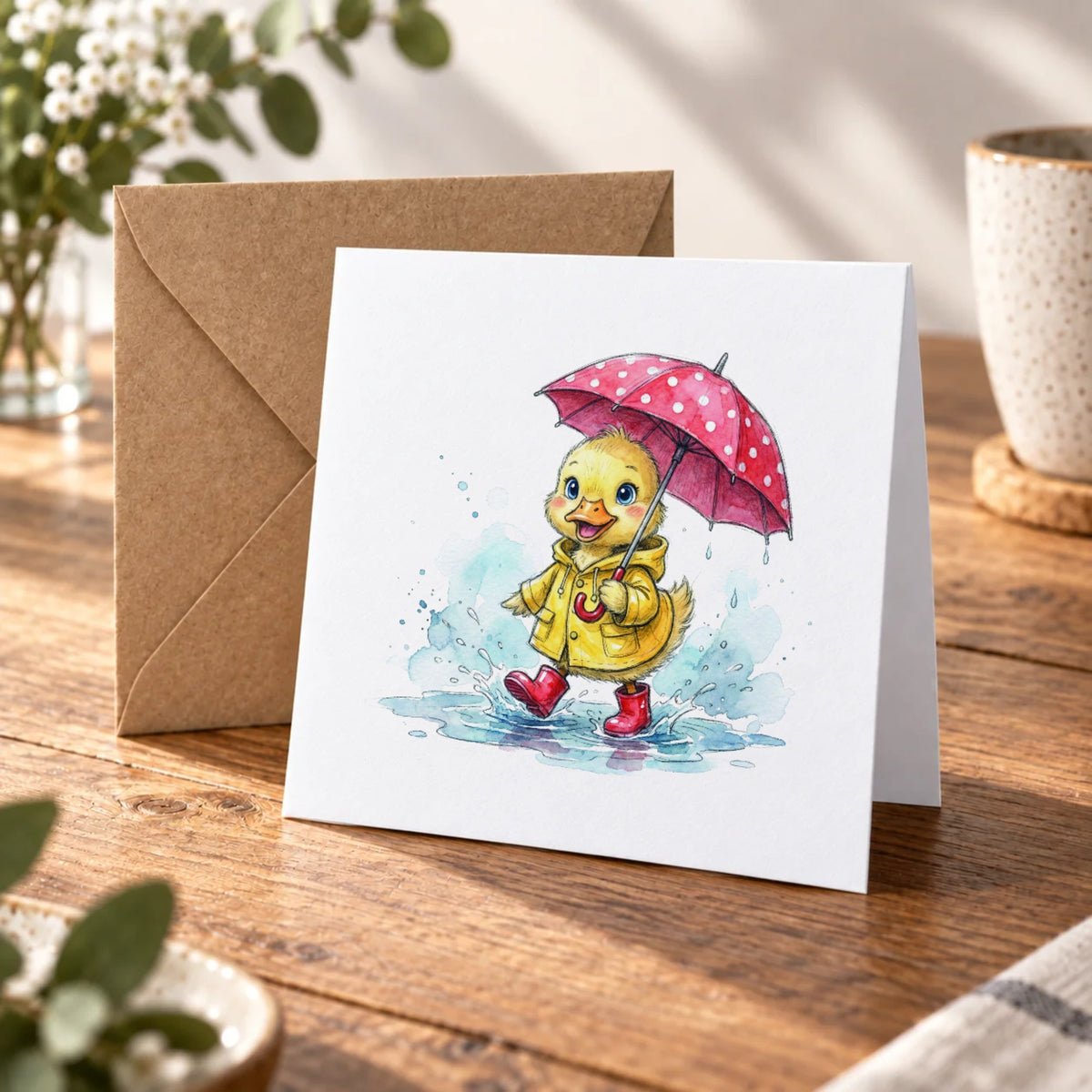 Raincoat Duckling Greeting Card – Warm Wood