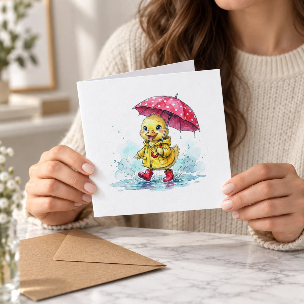 Raincoat Duckling Greeting Card – Held Card