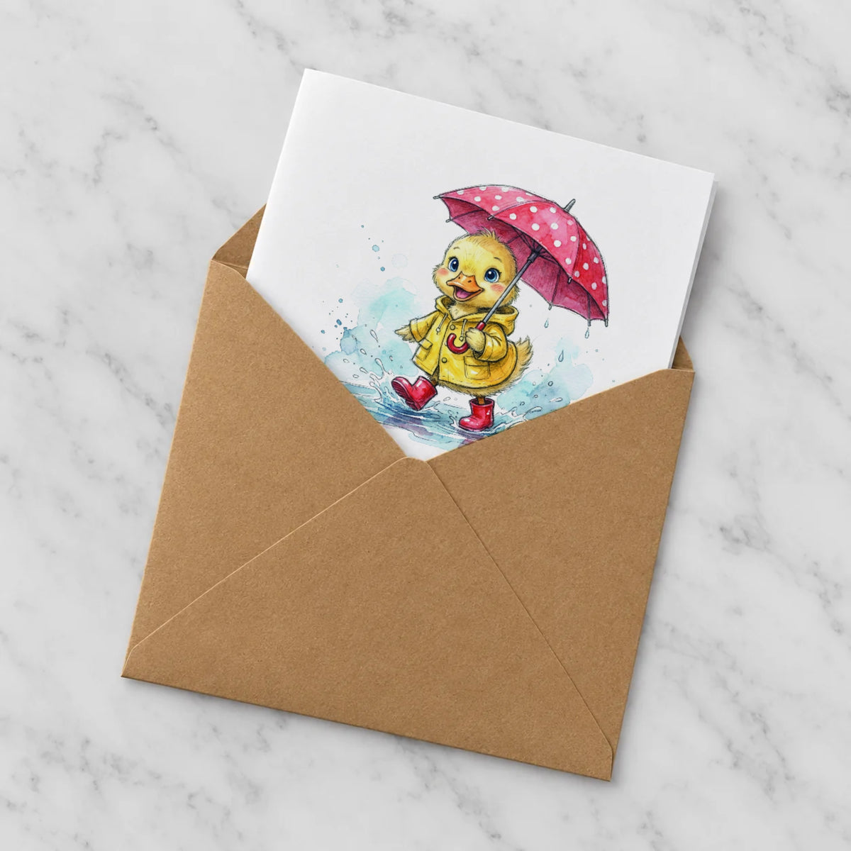 Raincoat Duckling Greeting Card – Half in Envelope