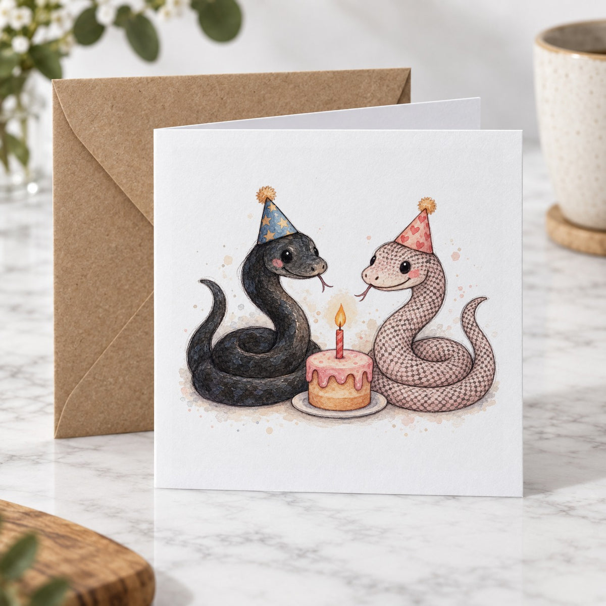 Snake Pair Birthday Card – black and pink kingsnake watercolour card mockup