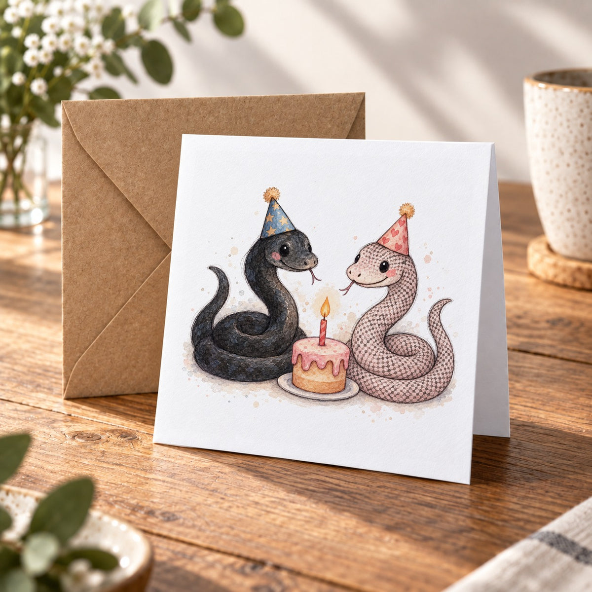 Snake Pair Birthday Card on warm wood – watercolour reptile greeting card