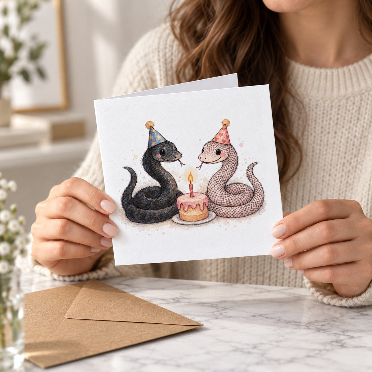 Held Snake Pair Birthday Card – watercolour kingsnake illustration