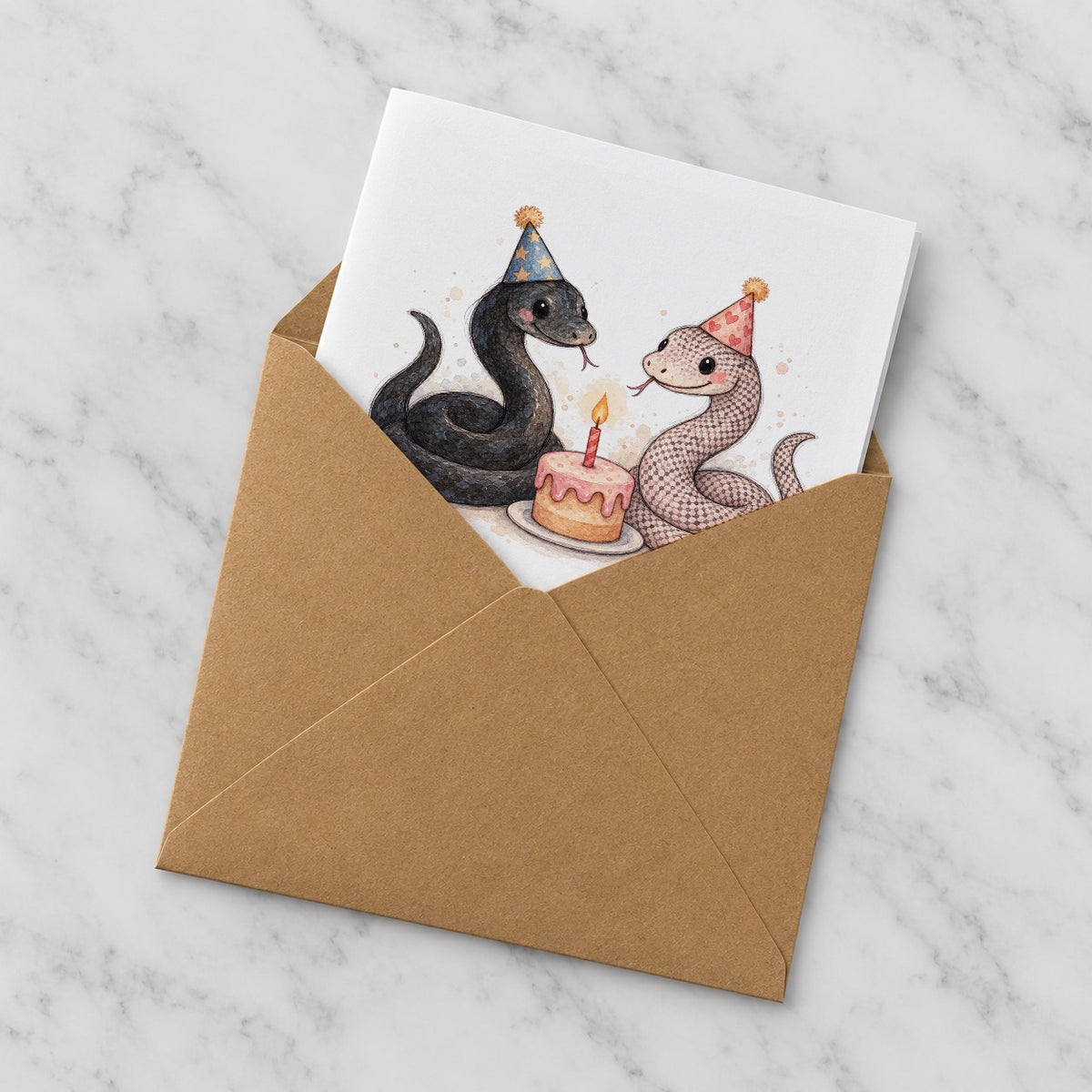 Snake Pair Birthday Card half in recycled kraft envelope