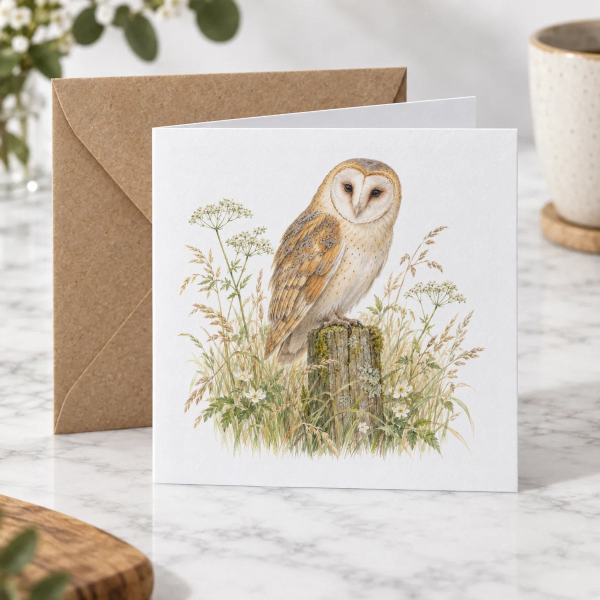 Barn Owl Among Meadow Wildflowers Greeting Card – Hero