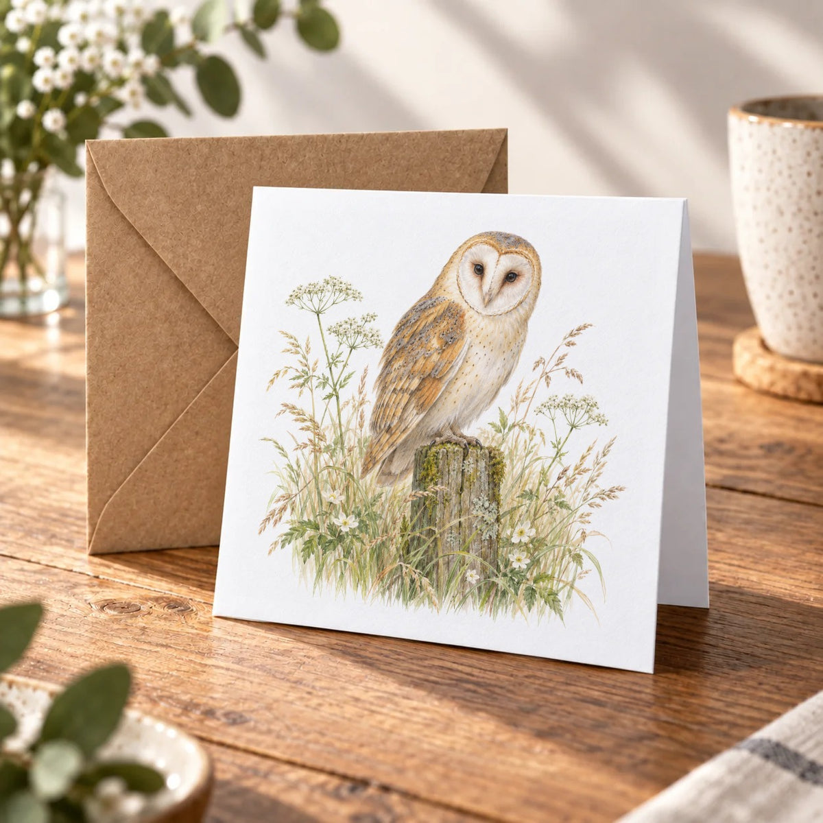 Barn Owl Among Meadow Wildflowers Greeting Card – Warm Wood