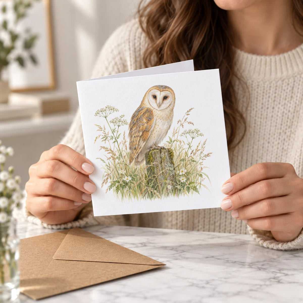 Barn Owl Among Meadow Wildflowers Greeting Card – Held Card