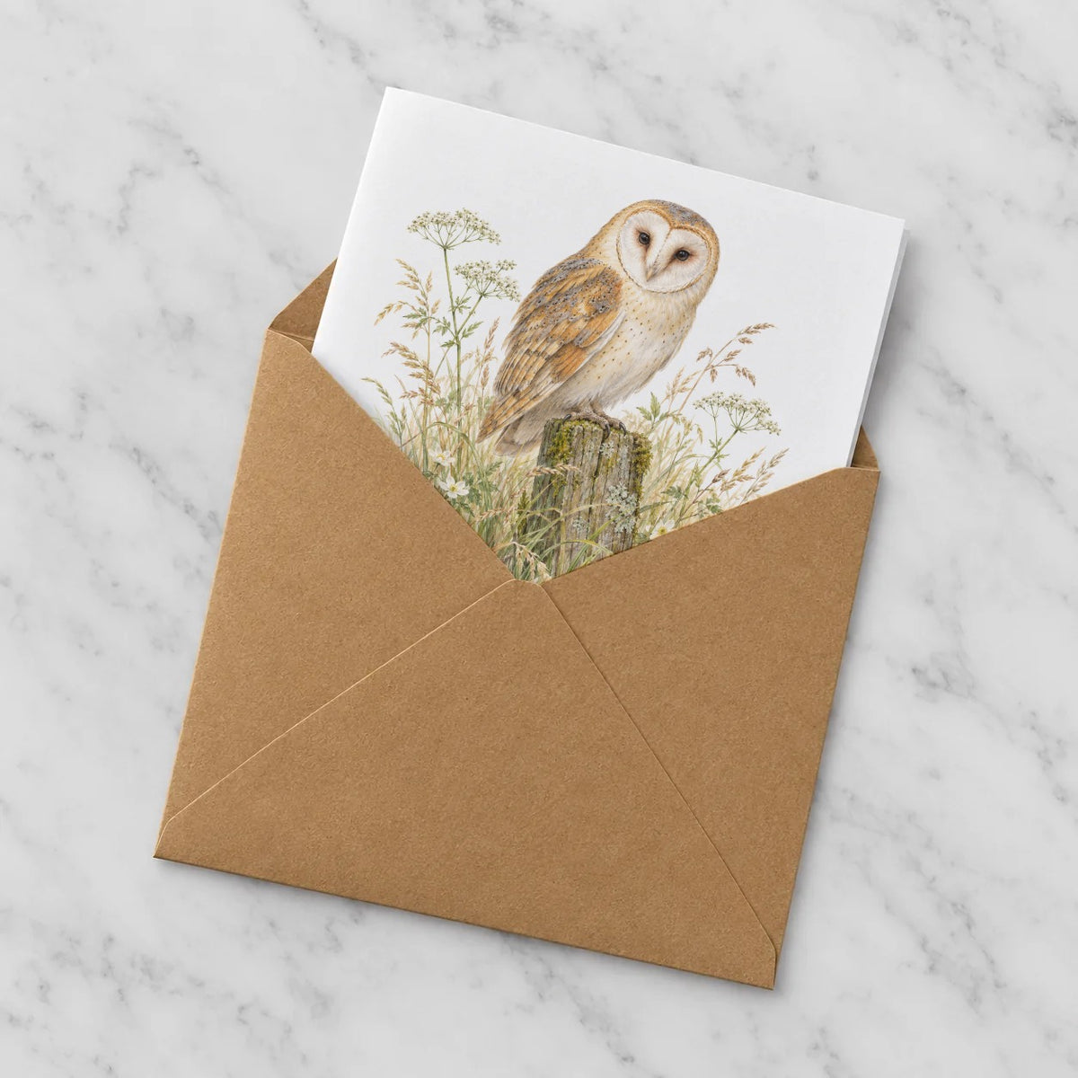 Barn Owl Among Meadow Wildflowers Greeting Card – Half in Envelope
