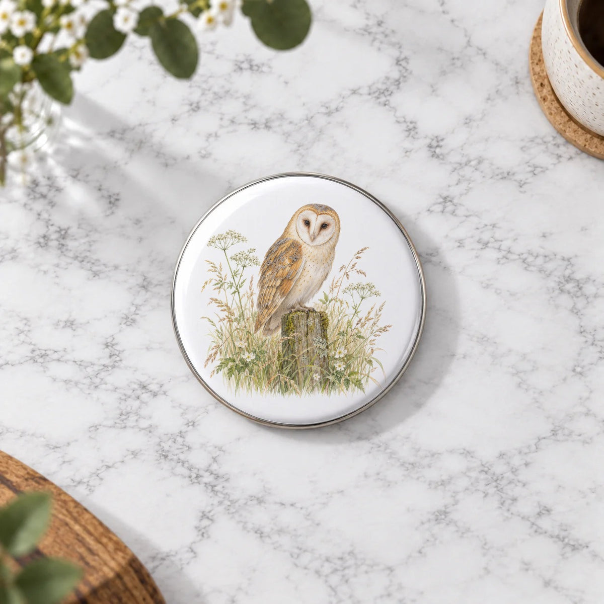 Barn Owl Among Meadow Wildflowers Greeting Card – Large Badge