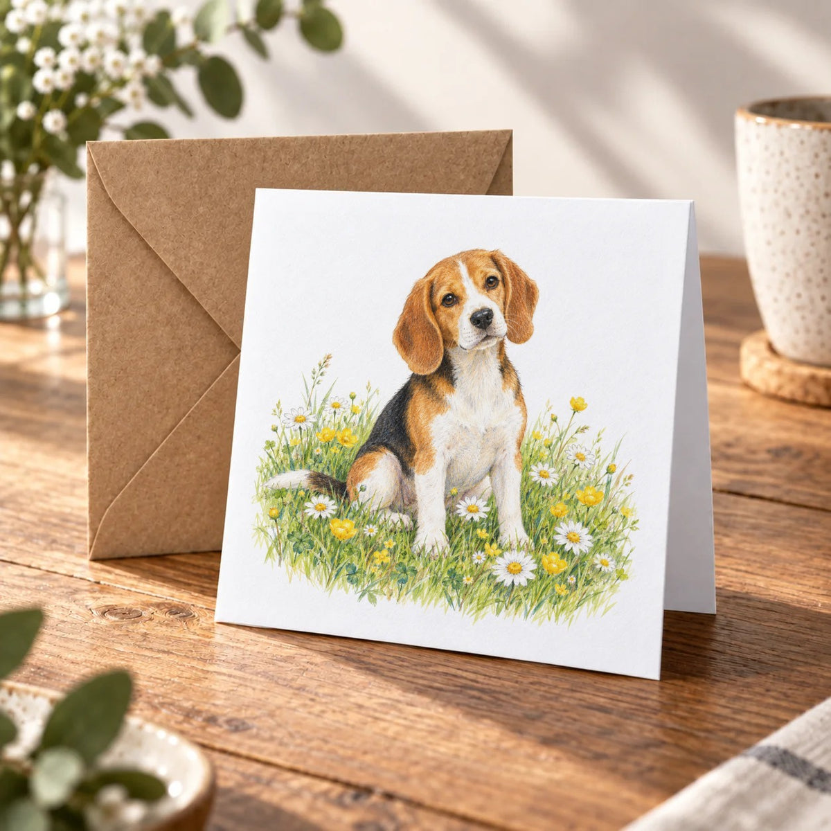 Beagle in a Wildflower Meadow Greeting Card – Warm Wood