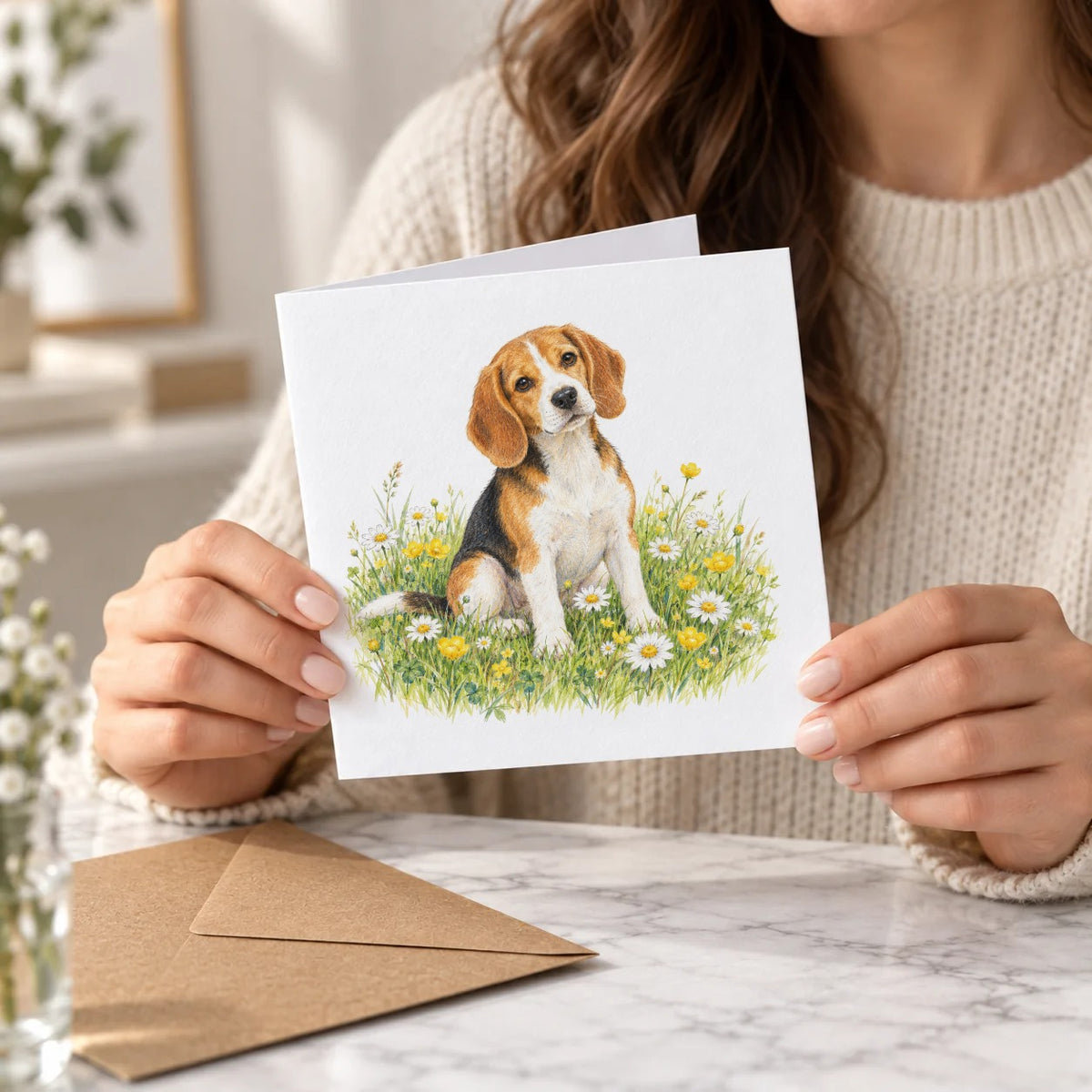 Beagle in a Wildflower Meadow Greeting Card – Held Card