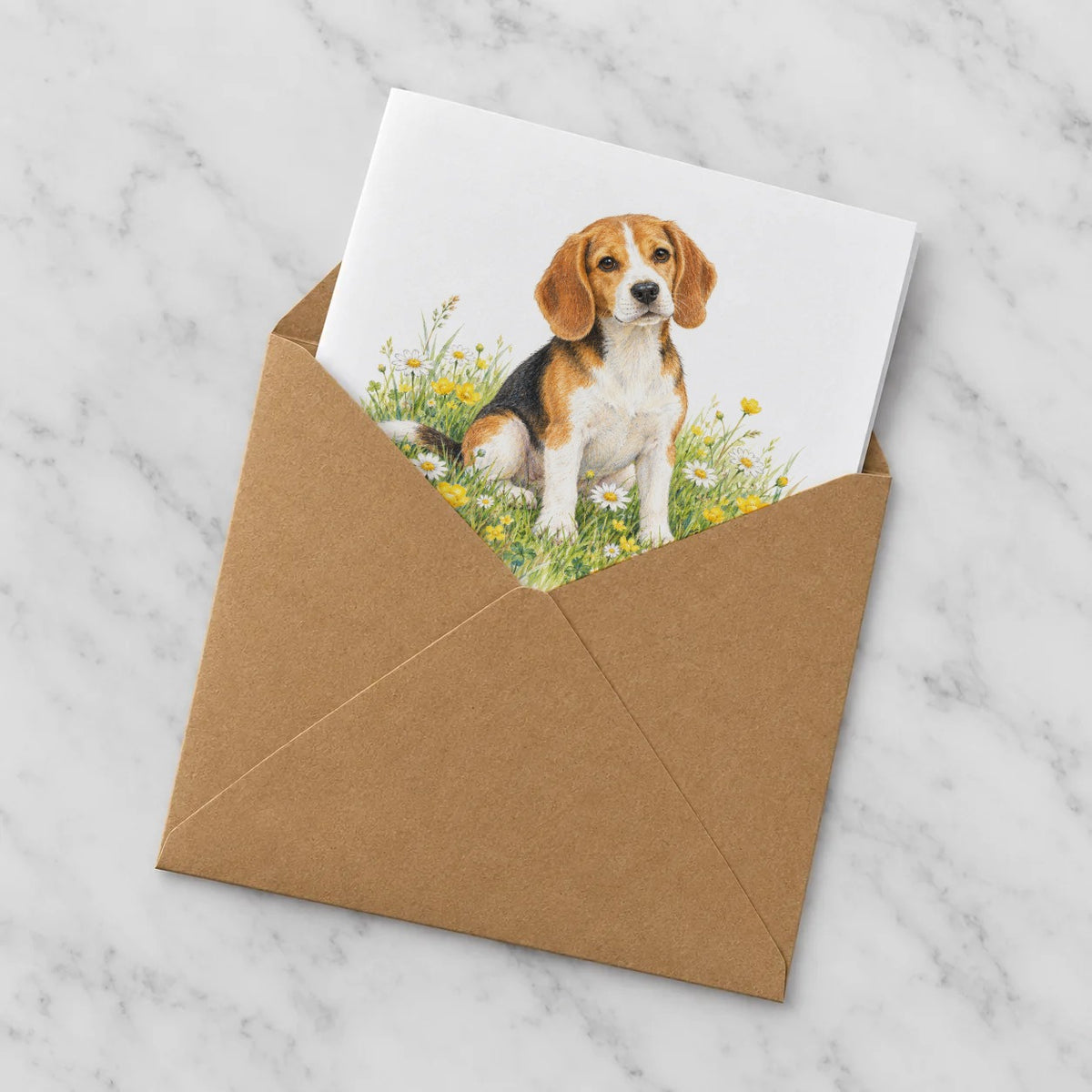 Beagle in a Wildflower Meadow Greeting Card – Half in Envelope