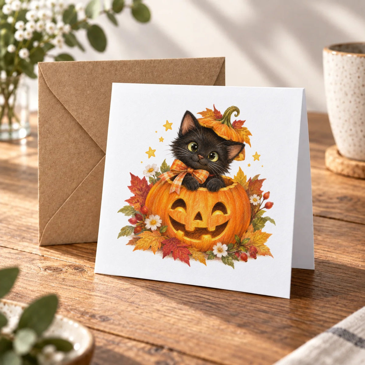 Black Kitten in a Jack O Lantern Greeting Card – Warm Wood