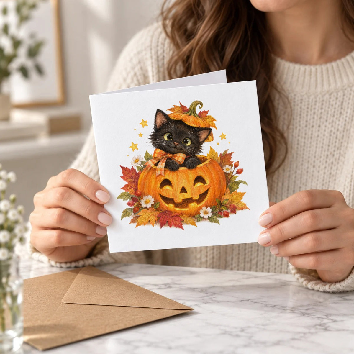 Black Kitten in a Jack O Lantern Greeting Card – Held Card
