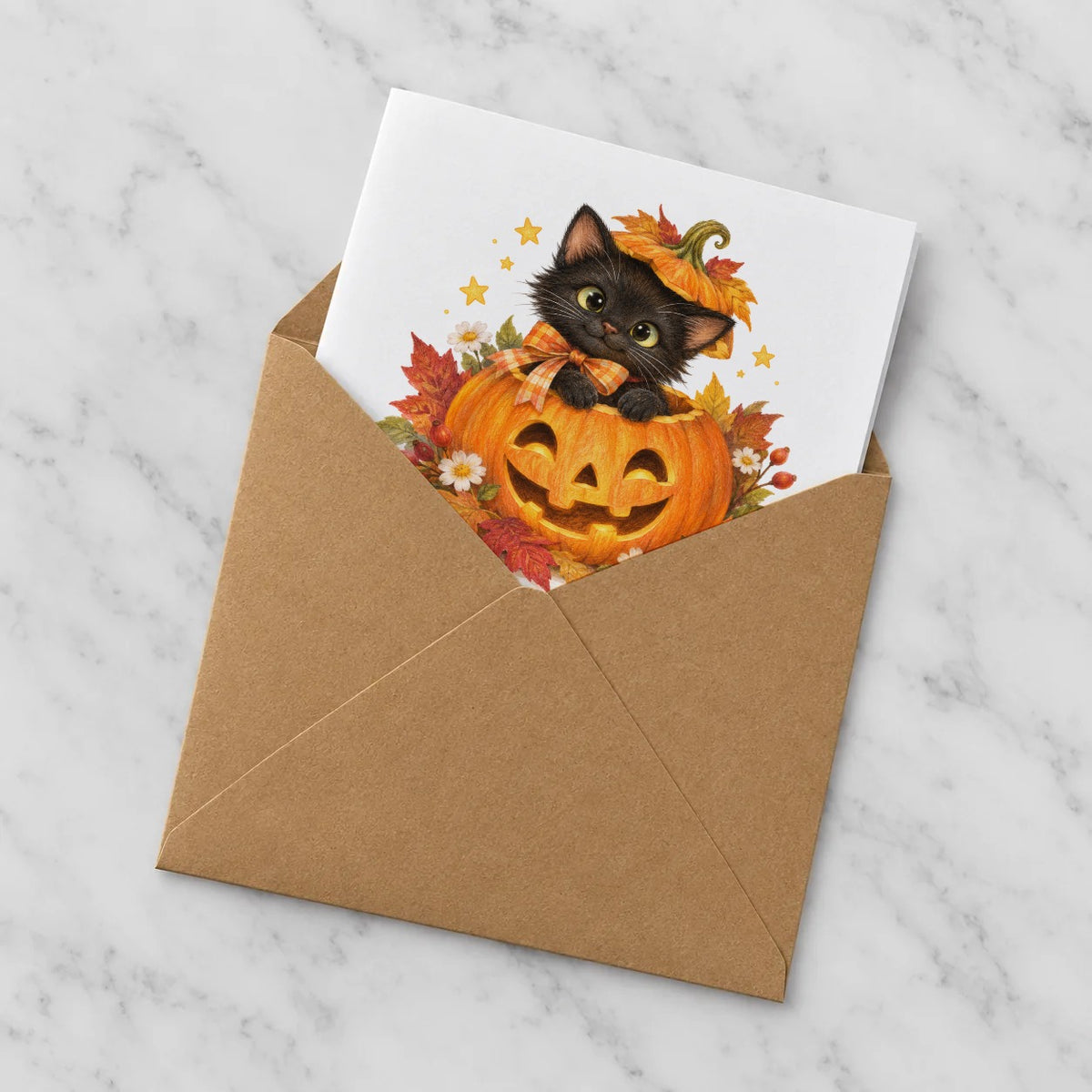 Black Kitten in a Jack O Lantern Greeting Card – Half in Envelope