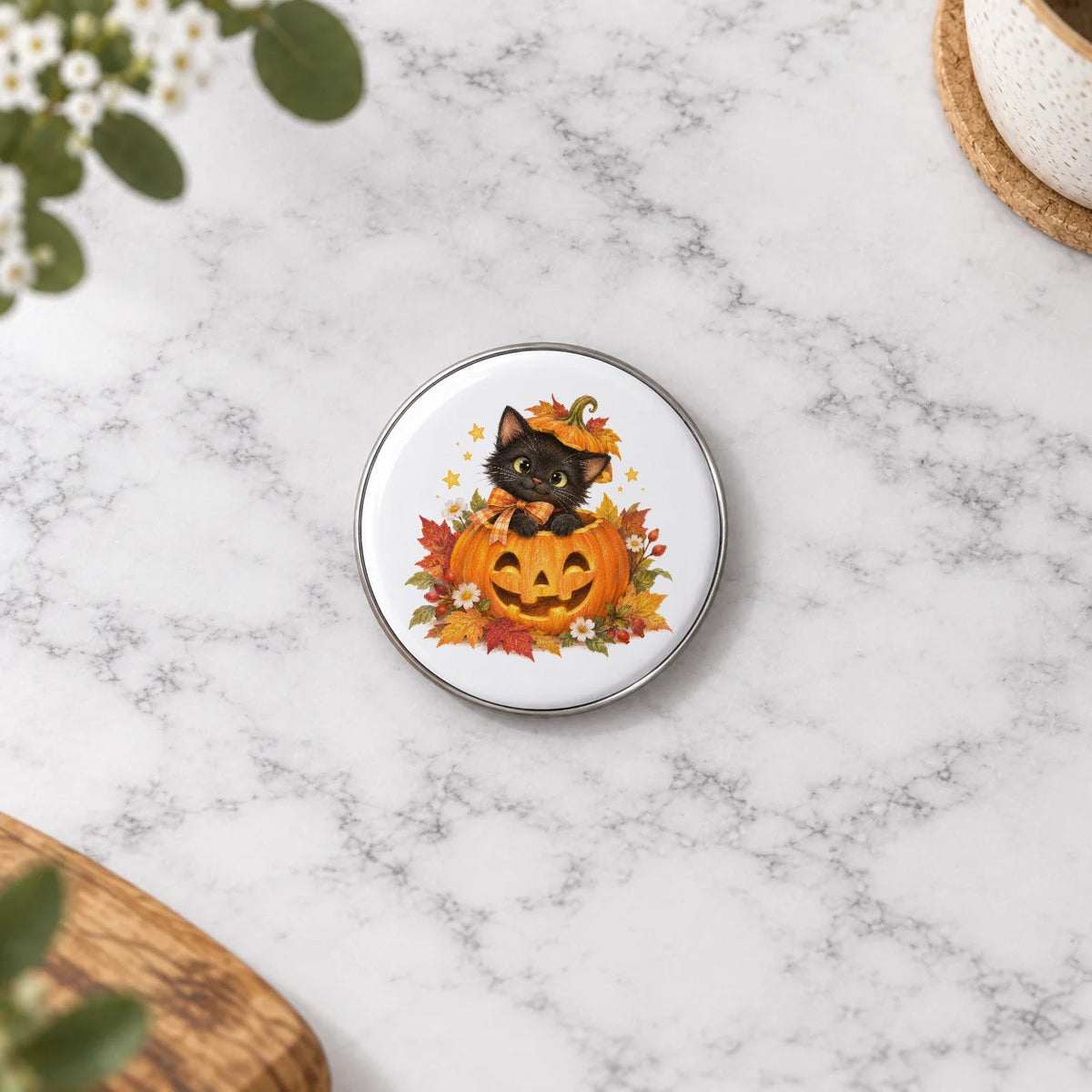 Black Kitten in a Jack O Lantern Greeting Card – Small Badge