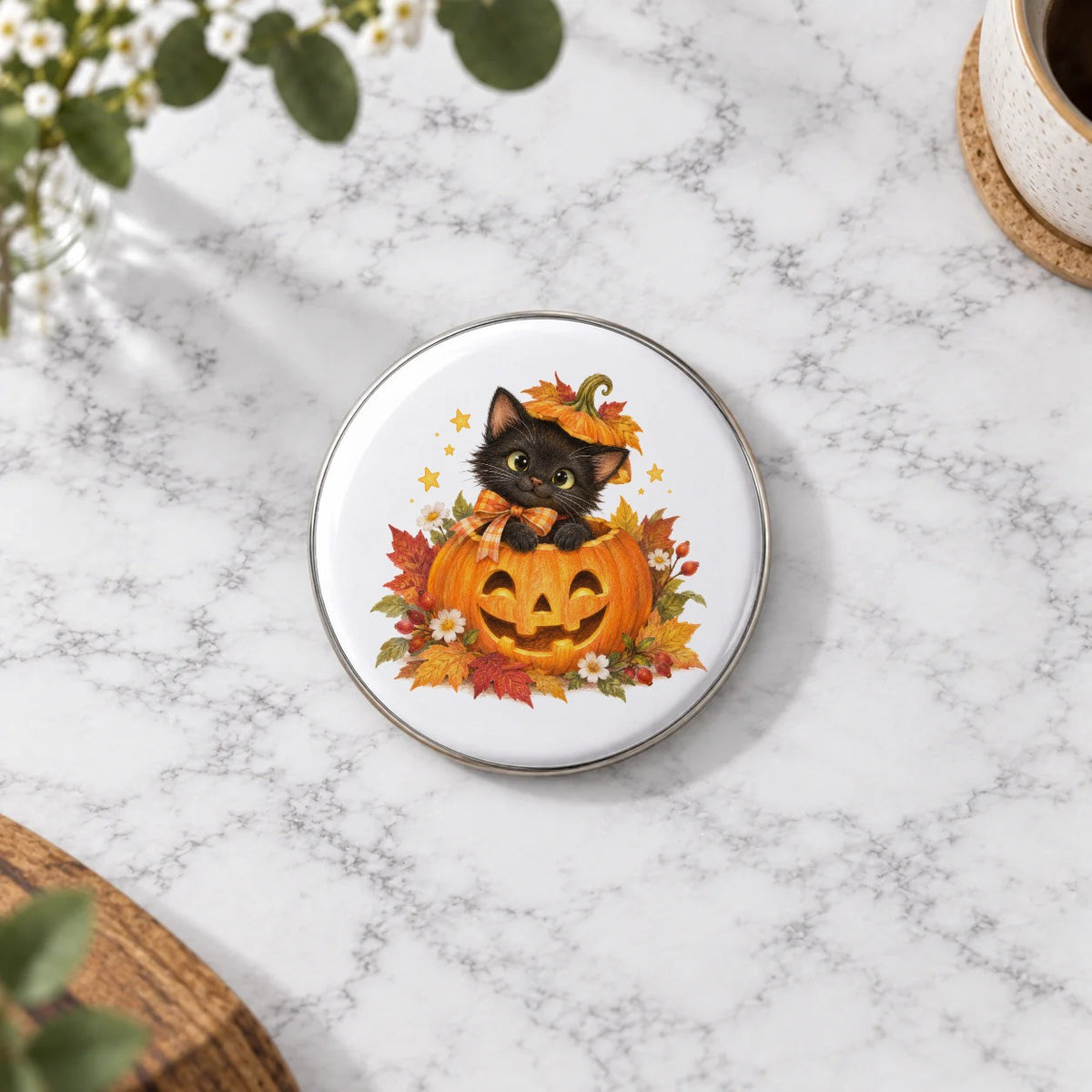 Black Kitten in a Jack O Lantern Greeting Card – Large Badge
