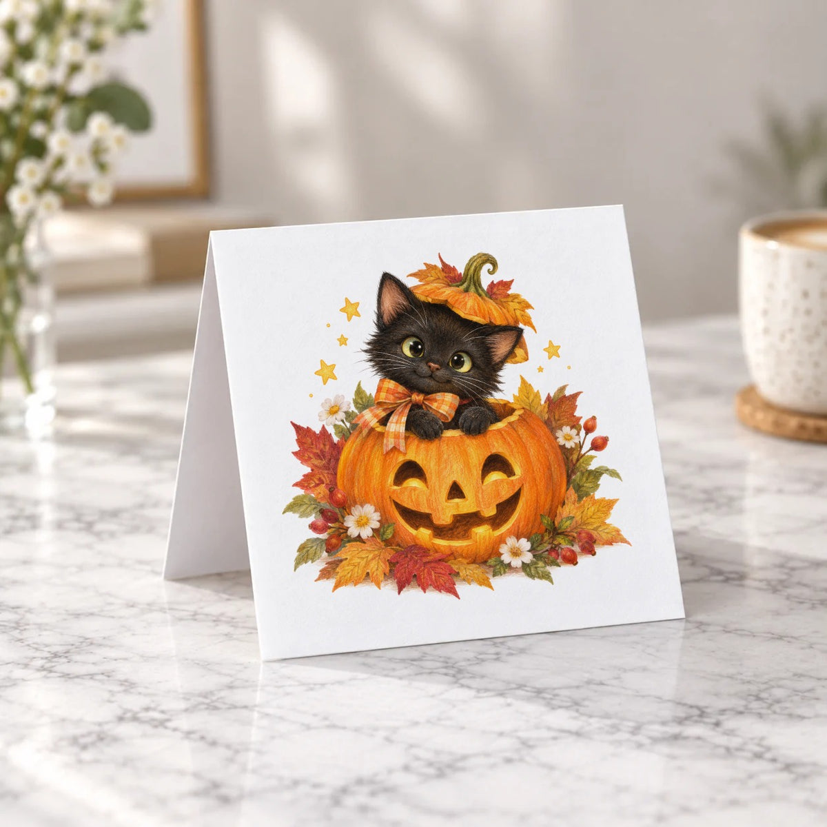 Black Kitten in a Jack O Lantern Greeting Card – Tent Fold