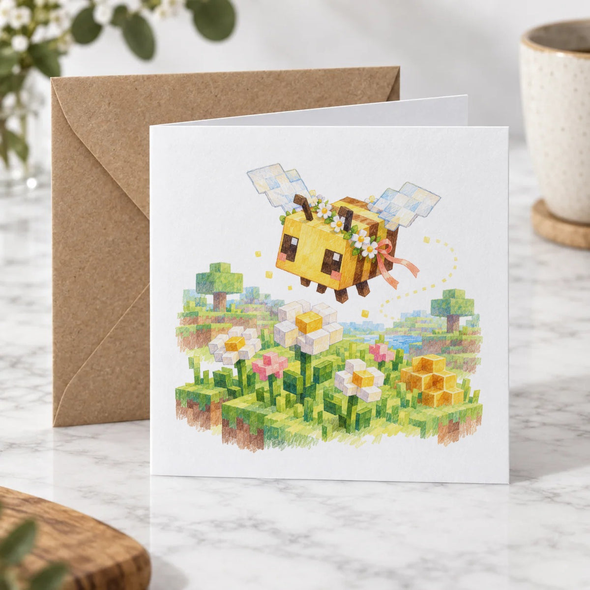 Blocky Fantasy Party - Bee in Flower Meadow Greeting Card – Hero