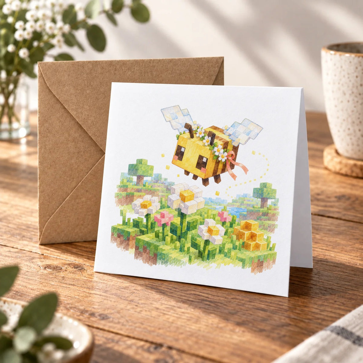 Blocky Fantasy Party - Bee in Flower Meadow Greeting Card – Warm Wood
