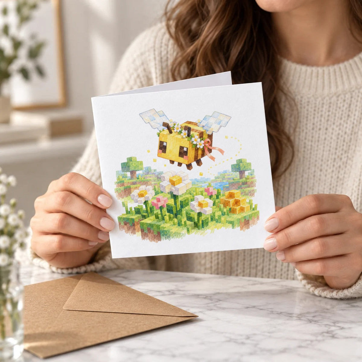 Blocky Fantasy Party - Bee in Flower Meadow Greeting Card – Held Card
