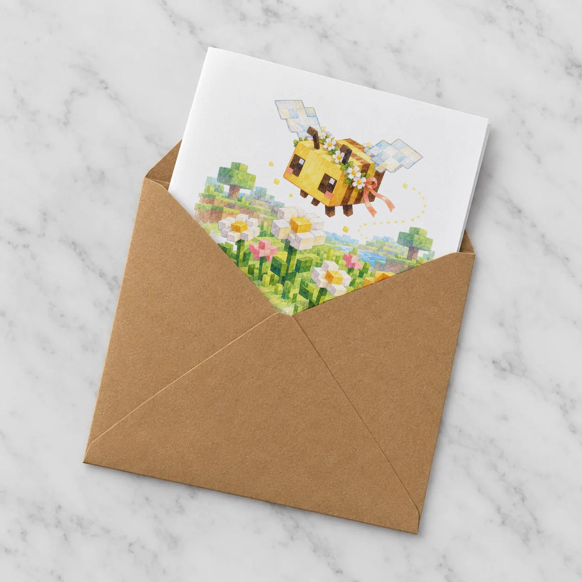 Blocky Fantasy Party - Bee in Flower Meadow Greeting Card – Half in Envelope