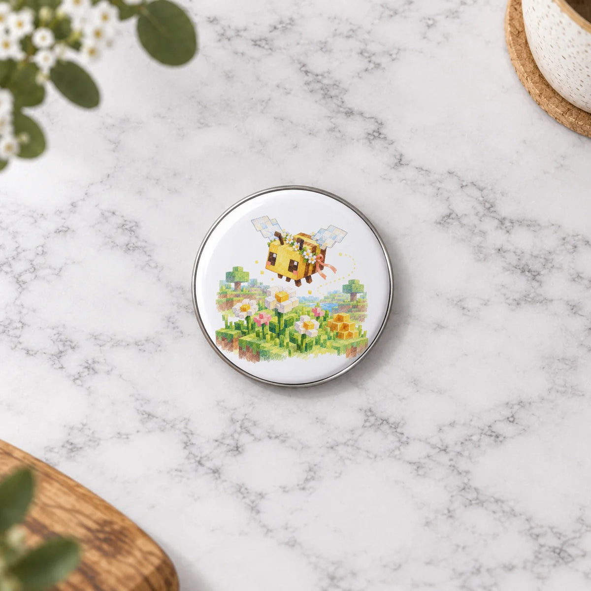 Blocky Fantasy Party - Bee in Flower Meadow Greeting Card – Small Badge