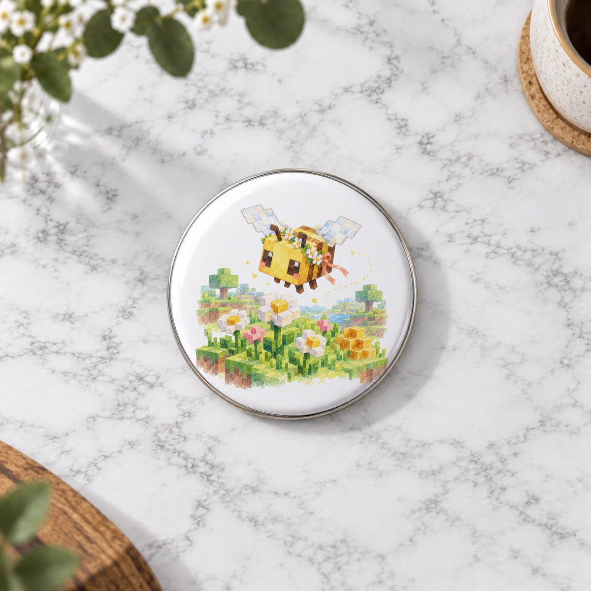 Blocky Fantasy Party - Bee in Flower Meadow Greeting Card – Large Badge