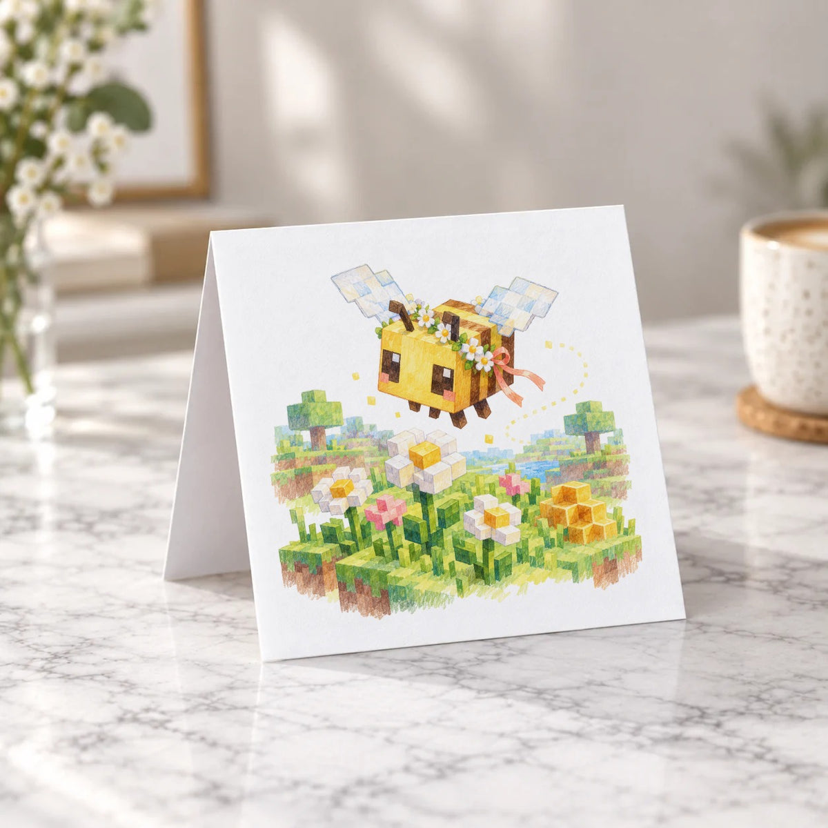 Blocky Fantasy Party - Bee in Flower Meadow Greeting Card – Tent Fold