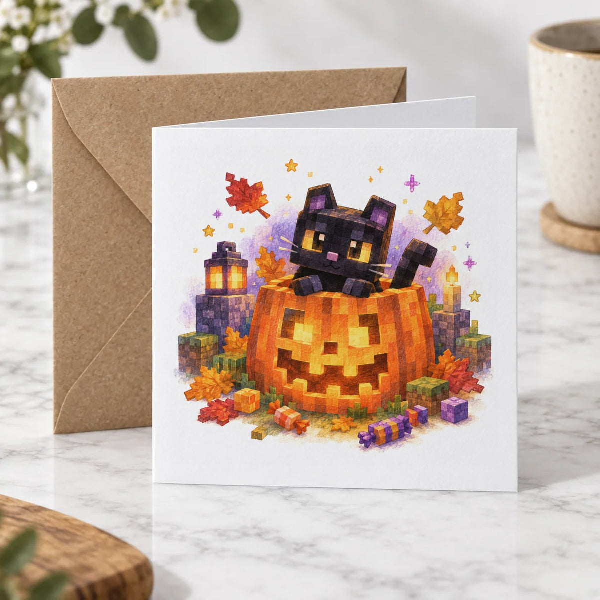 Blocky Fantasy Party - Black Cat on Jack O Lantern Greeting Card – Hero